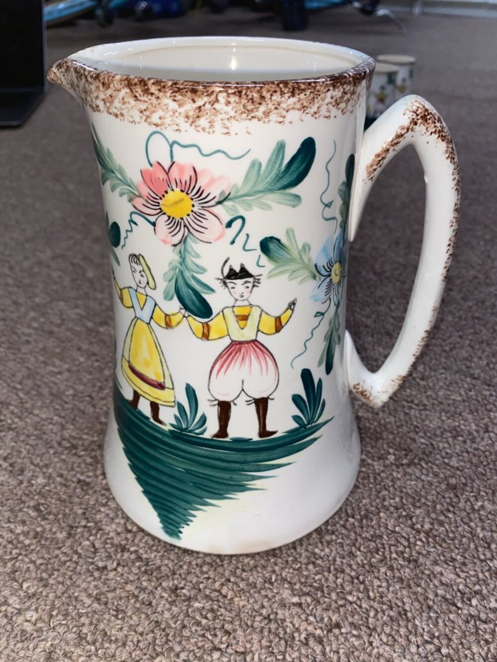 Set Of Pitcher 5 Vintage Cups Hand Painted Folk Art Pottery Home Decor Japan